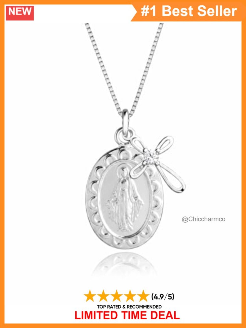 925 Sterling Silver Miraculous Medal Cross Necklace 14 Inch